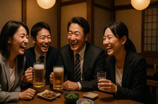 居酒屋で笑顔のビール乾杯 居酒屋で笑顔のビール乾杯の写真