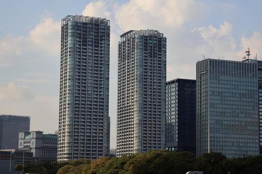 緑の樹々の森と高層ビルのビル群と青空と雲 緑,樹々,森の写真素材