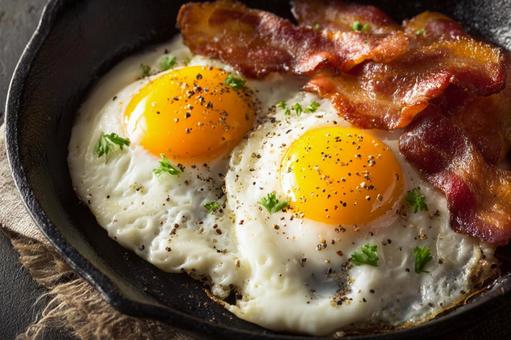 焼きたての目玉焼きとベーコン：完璧な朝食の写真
