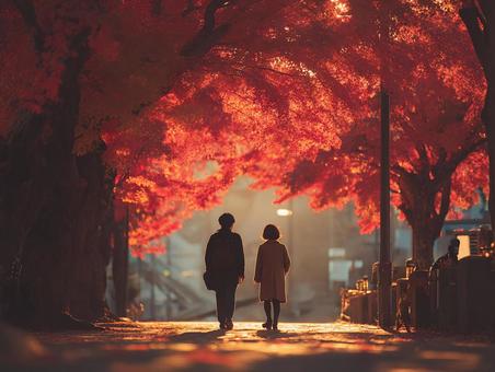 紅葉の下のロマンチックな後姿 紅葉の下のロマンチックな後姿の写真