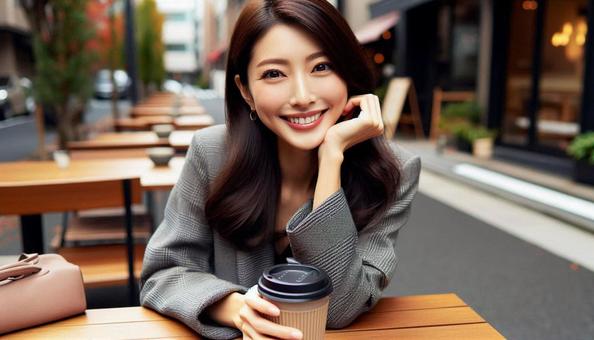 秋　屋外カフェテラスで微笑む女性の写真