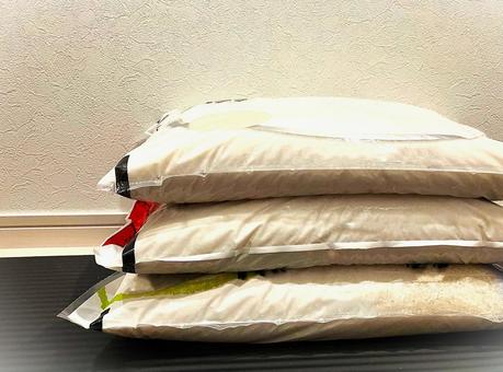 Three rice bags stacked up, JPG