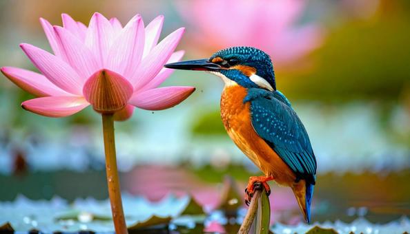 ピンクの蓮の花と鳥のカワセミ ピンクの蓮の花と鳥のカワセミの写真