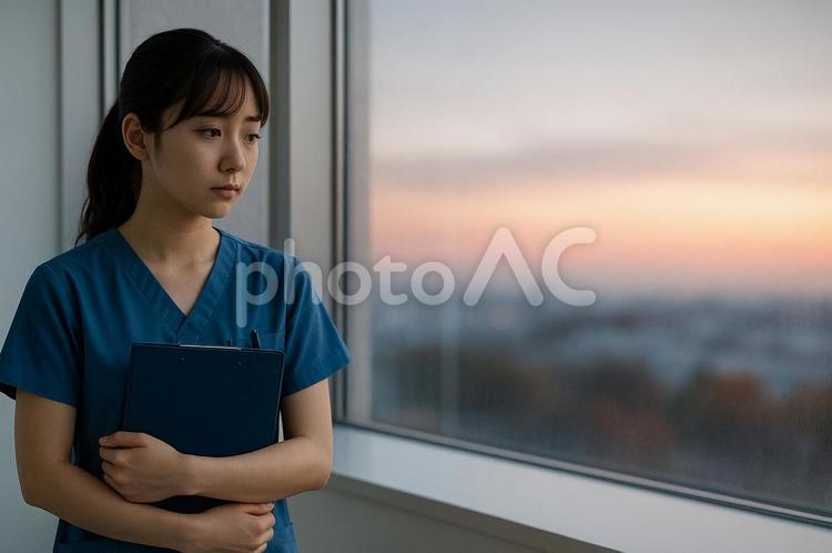 窓の外から街を眺める看護師 看護師,女性,ストレスの写真素材