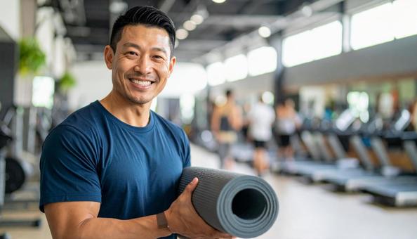 運動施設でヨガマットを持つ笑顔の男性 運動施設でヨガマットを持つ笑顔の男性の写真