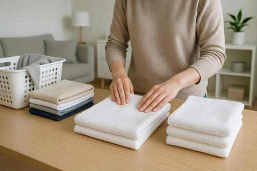 洗濯物を畳む手元 洗濯物を畳む手元の写真