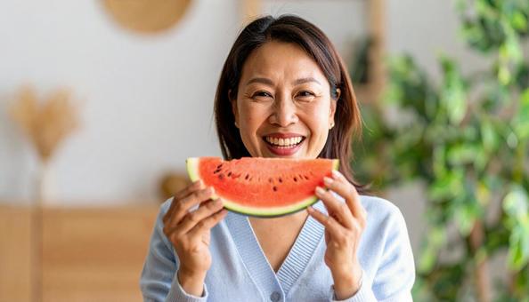 自宅でスイカを食べる日本人女性 自宅でスイカを食べる日本人女性の写真