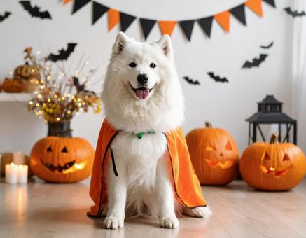 ハロウィンのコスチュームで仮装した犬 ハロウィンのコスチュームで仮装した犬の写真