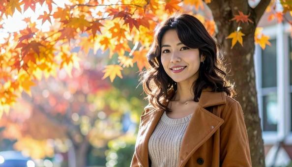 秋の背景に立つ若い日本人女性 秋の背景に立つ若い日本人女性の写真