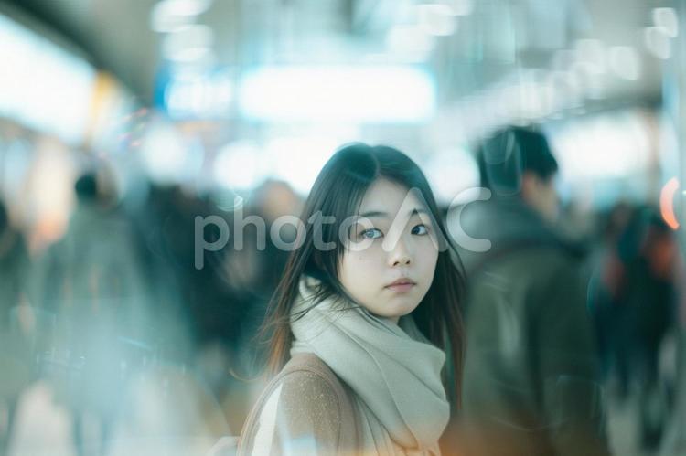 雑踏に佇む孤独な女性 孤独,雑踏,人混みの写真素材