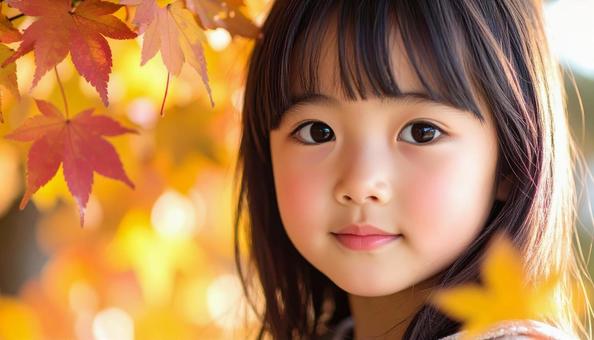 可愛い少女のポートレート　紅葉の背景の写真