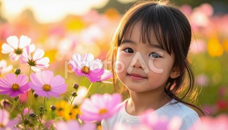 かわいい少女のポートレート　コスモスの花 少女,ポートレート,可愛いの写真素材
