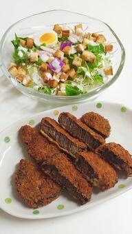 牛カツとシーザーサラダ 和食,日本食,サラダの写真素材