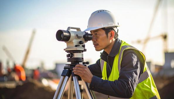 測量器械で工事予定地の工程測量をする男性 測量器械で工事予定地の工程測量をする男性の写真