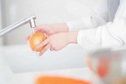 玉ネギを洗う手 玉ネギを洗う手 玉ネギ,洗う,水道の写真素材