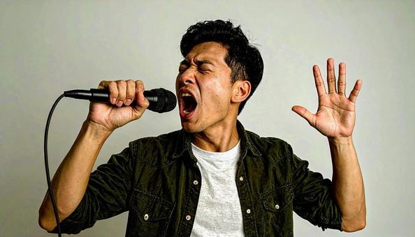 マイクを持って熱唱する日本人男性 マイクを持って熱唱する日本人男性の写真
