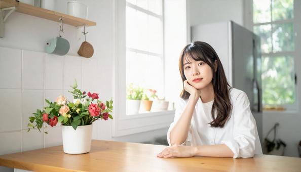 疲れた表情でキッチンに座る若い女性の写真