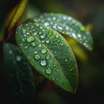 雨上がりの静寂：葉に残る水滴の輝きの写真