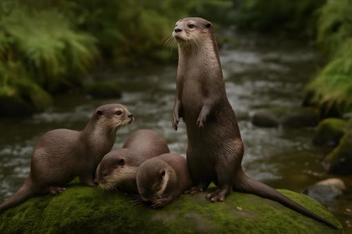 苔岩のカワウソ一家 苔岩のカワウソ一家の写真