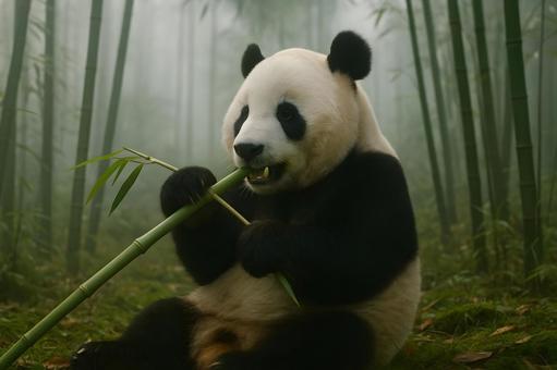 竹林で笹をかじるパンダ 竹林で笹をかじるパンダの写真