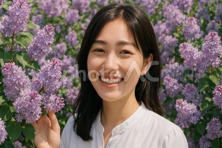 ライラックの花畑と女の子 ライラック,紫,美しいの写真素材
