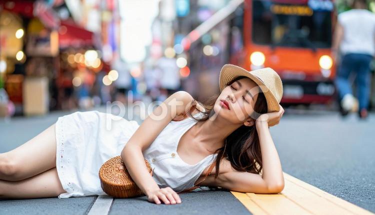 暑さでダウンし、路上に倒れる女性 ダウン,倒れた,女性の写真素材