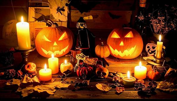 ハロウィンの飾りとキャンドルライトの写真