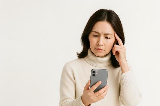 スマホを見て悩むセーターを着た中年女性 スマホを見て悩むセーターを着た中年女性の写真