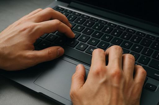 ノートパソコンのキーボードを打つ手元 ノートパソコンのキーボードを打つ手元の写真