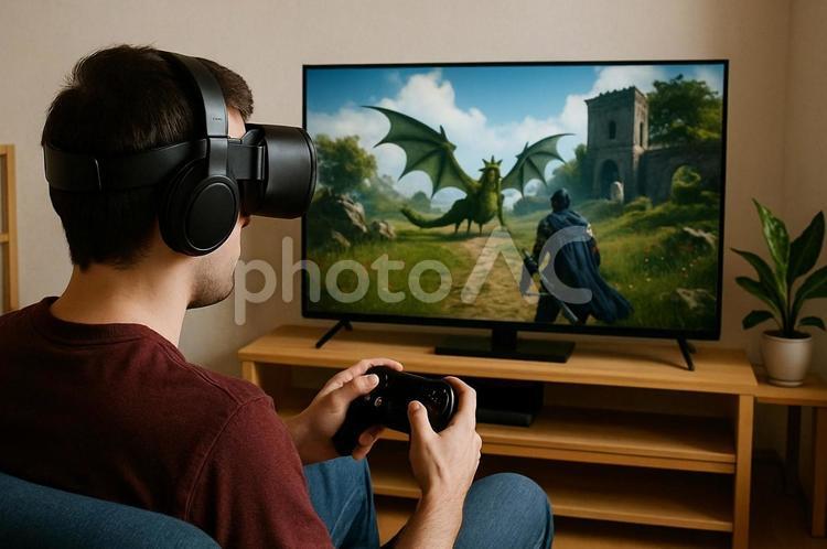没入型ゲーム・VRゲームを楽しむ男性 vr,ゲーム,バーチャルリアリティの写真素材