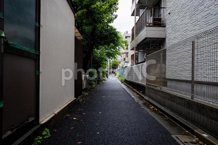 雨の日の線路沿いに続く路地 日本,風景,建物の写真素材
