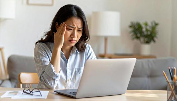 パソコンを前に額に手をやり落ち込む女性 パソコンを前に額に手をやり落ち込む女性の写真