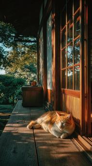 日本の軒先で眠る猫の写真