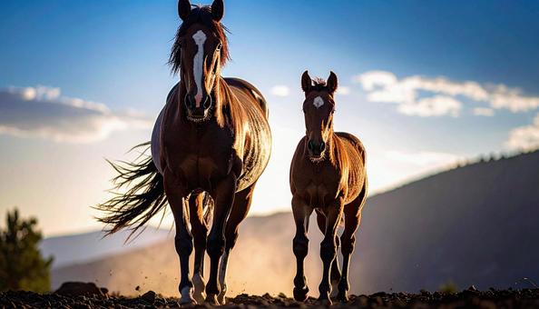 牧場を歩く馬の親子の写真