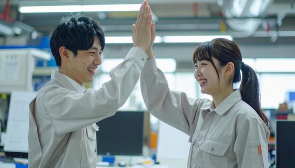 ハイタッチする男女 ハイタッチする男女の写真
