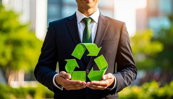 リサイクルマークを持つ日本人ビジネスマン リサイクルマークを持つ日本人ビジネスマンの写真