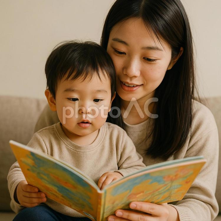 絵本の読み聞かせ 読み聞かせ,抱っこ,膝の上の写真素材