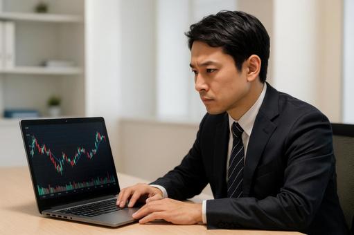 株価チャートを見るスーツ姿の男性 株価チャートを見るスーツ姿の男性の写真