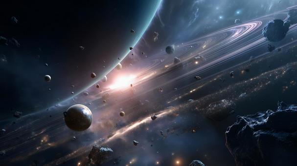 複数の惑星と小惑星、遠くに輝く星雲 複数の惑星と小惑星、遠くに輝く星雲の写真