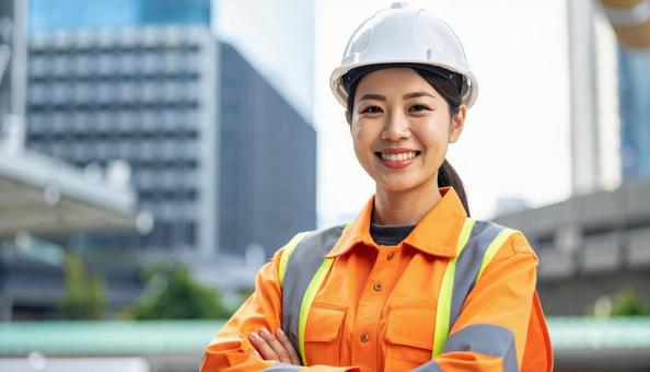 高層ビルの背景に作業服の笑顔の若い女性 高層ビルの背景に作業服の笑顔の若い女性の写真