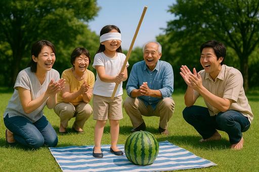 家族で楽しむスイカ割り 家族で楽しむスイカ割りの写真