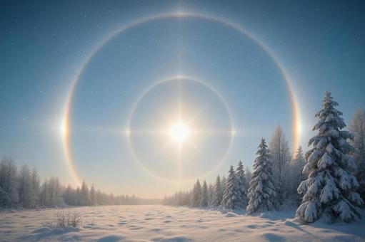 ダイヤモンドダストが起こす太陽の光の輪 ダイヤモンドダストが起こす太陽の光の輪の写真