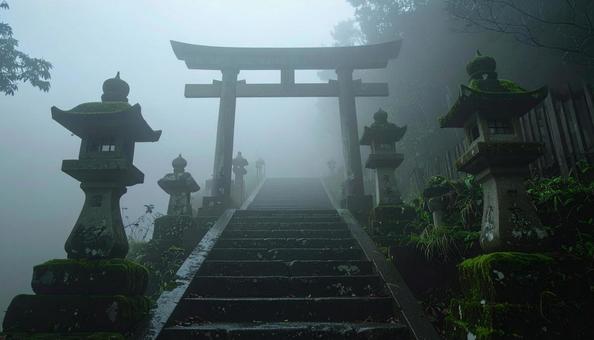 霧深い神社の鳥居 霧深い神社の鳥居の写真
