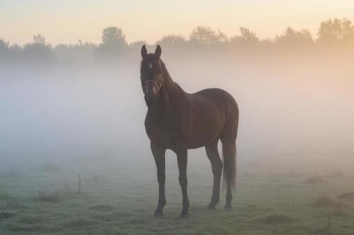 霧の中で立つ馬 霧の中で立つ馬の写真