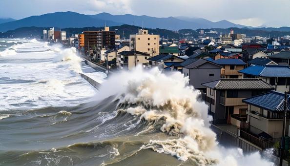 津波が押し寄せる住宅街 津波が押し寄せる住宅街の写真
