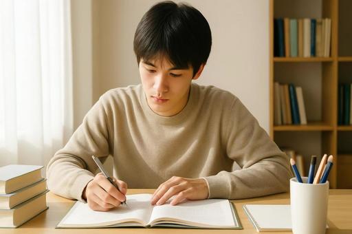机に向かい勉強する男性・学生の学習・受験 机に向かい勉強する男性・学生の学習・受験の写真