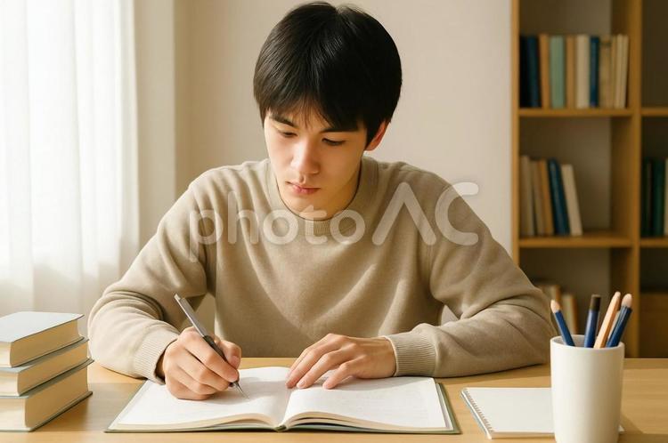 机に向かい勉強する男性・学生の学習・受験 学習,受験,学生の写真素材