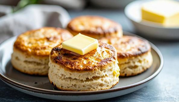 バターが乗ったイングリッシュマフィン バターが乗ったイングリッシュマフィンの写真