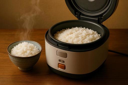炊飯器と茶碗によそったご飯 炊飯器と茶碗によそったご飯の写真
