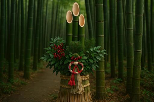 竹林に飾られた門松の写真
